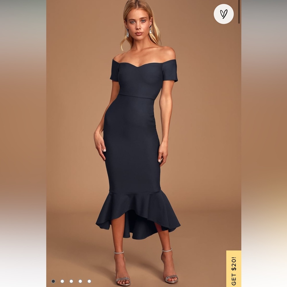 Lulus How Much I Care Midnight Blue Off-the-Shoulder Midi Dress